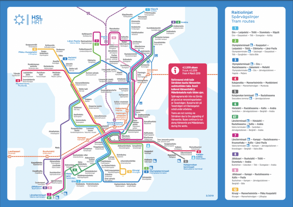 carte trams et metro Helsinki