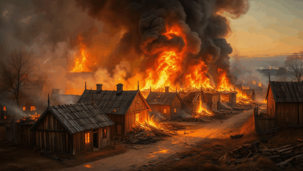 image qui représente la ville d'Helsinki en flamme en 1650
